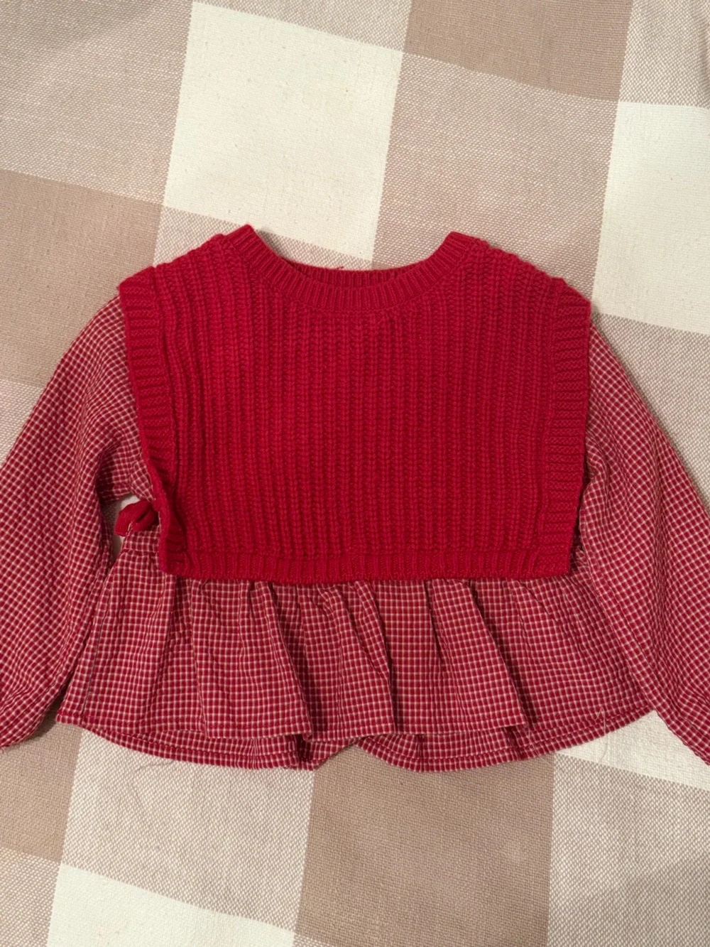 Zara Red Knit Vest Layered Top with Checked Peplum
